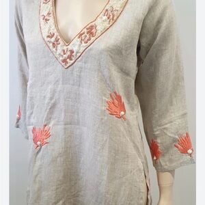 Chic Linen Women's Top with Coral Embroidery